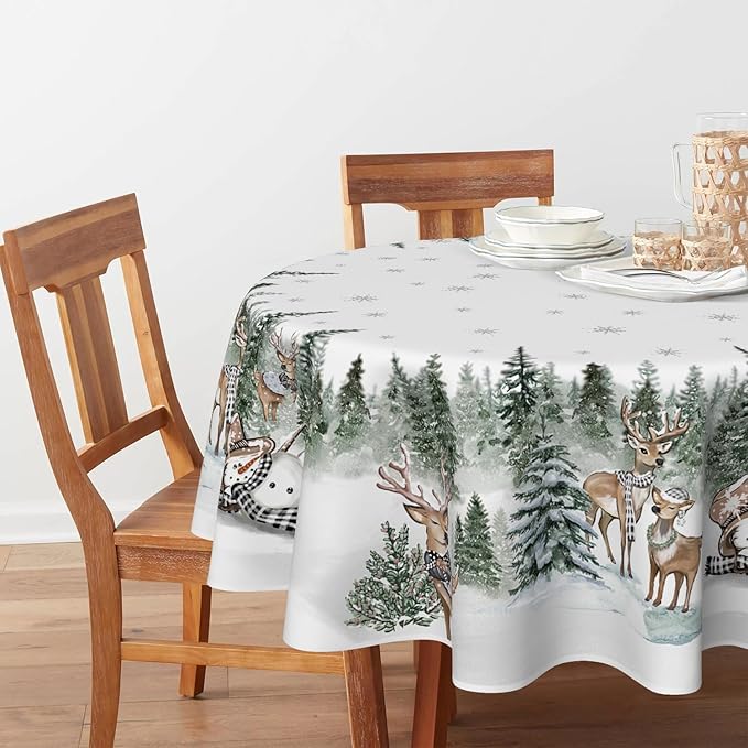 Horaldaily Christmas Tablecloth 70×70 Inch Round, Deers Snowman Trees White Washable Table Cover for Party Picnic Dinner Decor