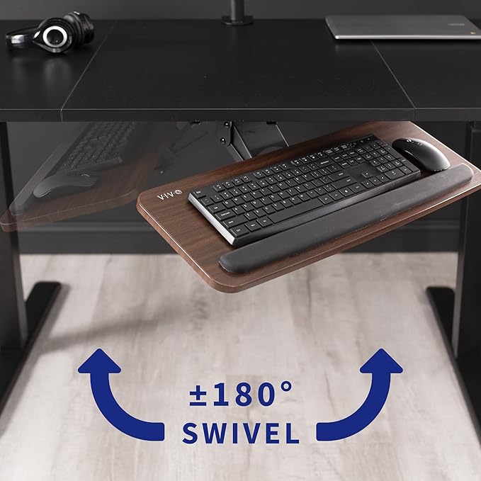 VIVO Adjustable Computer Keyboard and Mouse Platform Tray, Ergonomic Under Table Desk Mount Drawer Underdesk Shelf, Dark Wood Top, Black Frame, MOUNT-KB03D