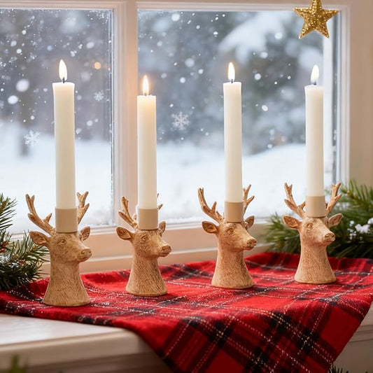 DN DECONATION Christmas Candle Holders Set of 4 – Reindeer Taper Candle Holders in Rustic Wood Color, Deer Head Candlestick Holders Holiday Tabletop Decor for Living Room, Fireplace, Party & Gift