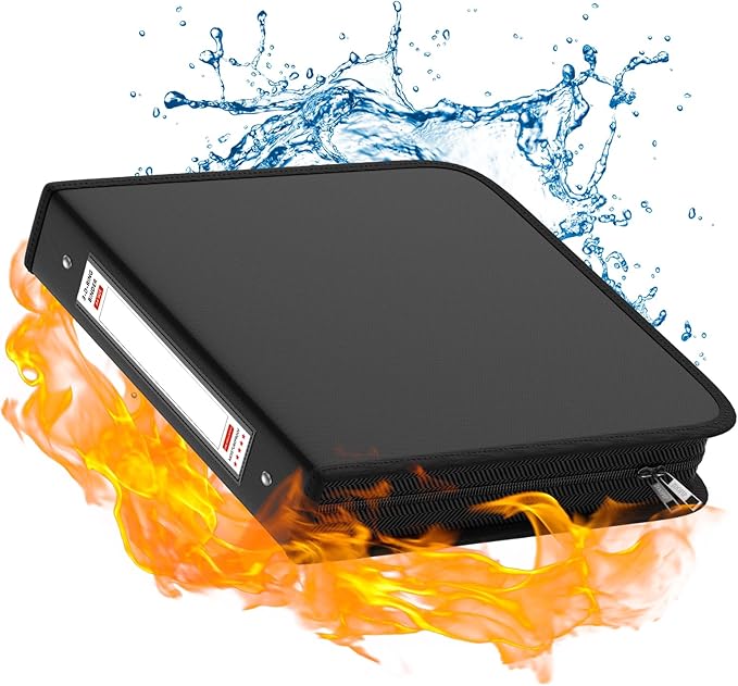 Fireproof 3 Ring Binder with Zipper,1 Inch D Rings Hold up 245 Sheets of 8.5" x 11" (A4),Compatible with Clear Page Protectors, Built-in net and Pen Holder (1 Pcs, Black, 1")