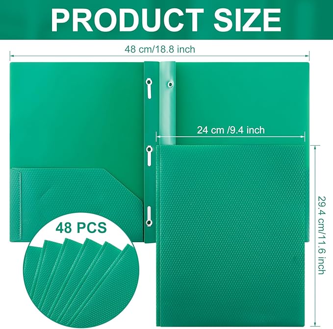 Patelai 48 Pcs Plastic Folders with 2 Pockets and 3 Prongs Home Folders with Card Slot Letter Size Heavy Duty Report Covers for Back to School(Green,Diamond)