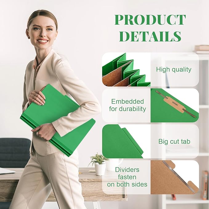 Skyygemm 24 Pcs Classification Folders Letter Size, 3 Divider Pressboard File Folder with Fasteners, Expanding File Organizer Bulk for Teachers, Clergy, Office, Church, Christmas Donations (Green)