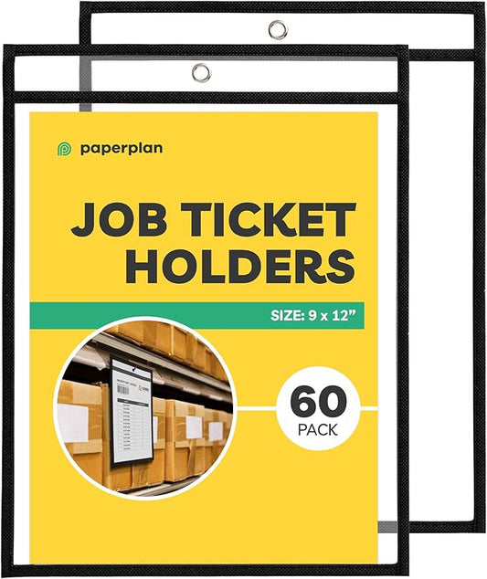 Job Ticket Holders 9x12 - (60 Pack), 8.5 x 11 Letter Size, Dry Erase Pockets, Clear & Black Plastic Sleeves - Durable, Reusable, and Practical for Work & Classroom Organization