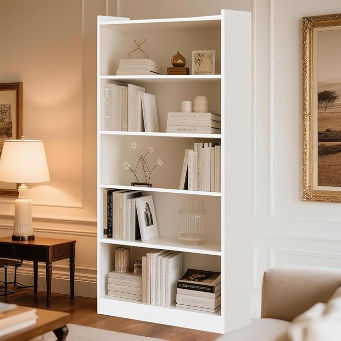 72" Rectangle Wooden Bookshelf with 5 Tier Bookshelf, Large Bookcase for Home Offices and Living Rooms with Storage Shelves, Display Shelves, White