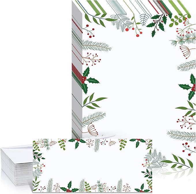 80 Sets Christmas Stationery Paper with Envelopes Christmas Holiday Paper Christmas Envelopes for Christmas Holiday Events Notes Invitation Office(Merry Branch and Holly)