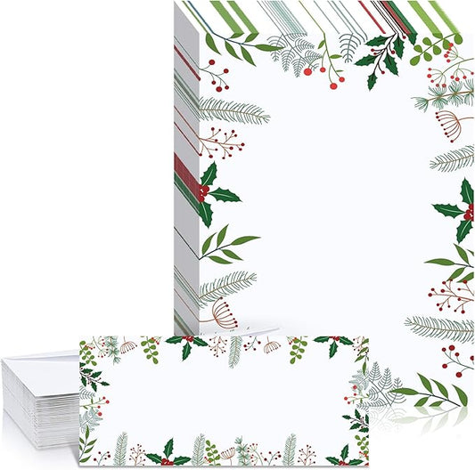 80 Sets Christmas Stationery Paper with Envelopes Christmas Holiday Paper Christmas Envelopes for Christmas Holiday Events Notes Invitation Office(Merry Branch and Holly)
