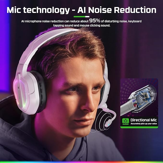 Fachixy FC200 Gaming Headset with Microphone for PS4, PS5, Switch, Xbox, Mac, PC Gaming Headphones with Mic, Gamer Headset with RGB Light - White-Black