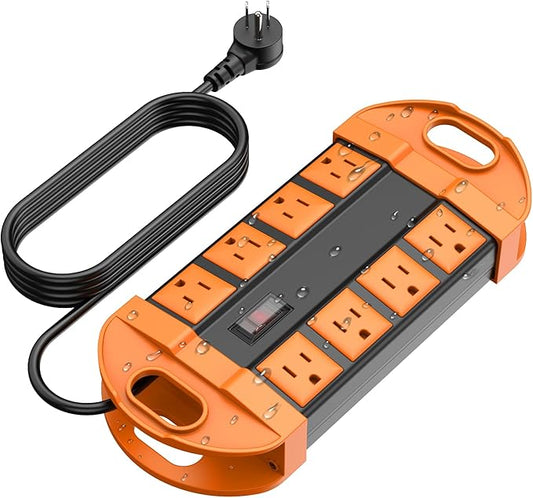 CCCEI Outdoor Power Strip Weatherproof with 8 Plug, Waterproof Extension Cord with Multiple Outlets, Christmas Exterior Garden Yard Surge Protector 15FT, Orange.