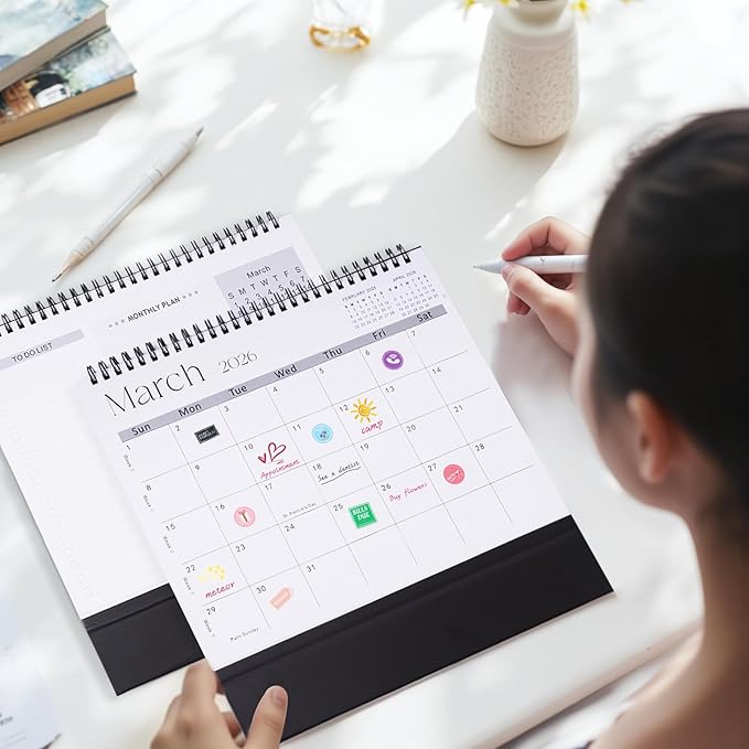 Desk Calendar 2025-2026,July 2025 to Dec 2026 18 Months Standing Flip Desk Calendar with Stickers,10" x 8" Desktop Calendar for Home Office School,Black