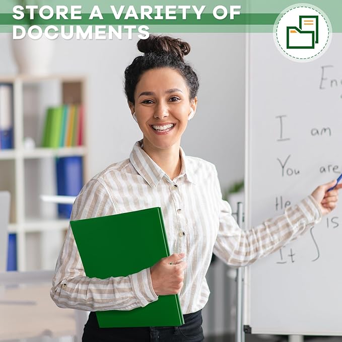 Henoyso 36 Pcs Plastic Folder with Clear Front Pocket and 3 Prong Plastic Folders with Card Slot Pocket Folders with Prongs for School Office (Dark Green)