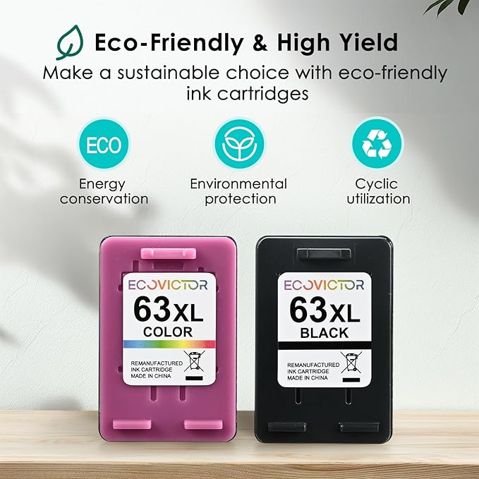 Eco-Friendly Remanufactured Ink Cartridge Replacement for HP 63 63XL HP63 Black and Color Combo 2 Pack for 3830 4650 4652 4655 4520 4512 5255 5258 5252 5200 3833 3630 3632 2132 2130 Printer