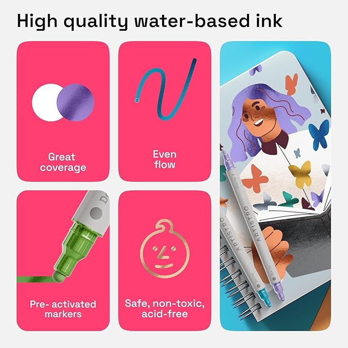 ARTISTRO 24 Metallic Dual-Tip Acrylic Paint Markers for Rock, Canvas, Glass, Wood, & More Fine + Dot Tips