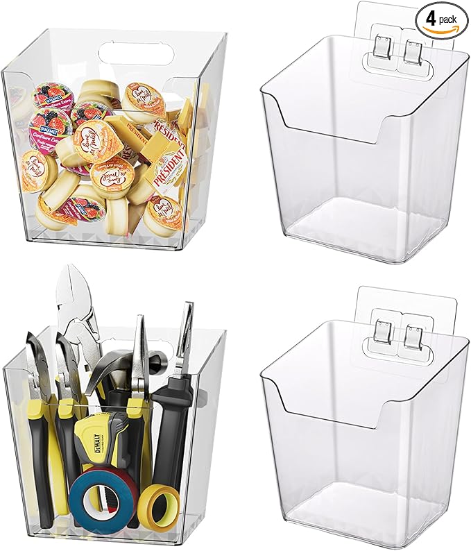 Clear Adhesive Wall Storage Bins, Large 4 Pack Cabinet Door Organizer Holders, Hanging Wall Mount Pockets, Plastic Cups for Shower Bathroom Makeup Office Craft Remote Kitchen Sink RV Organization