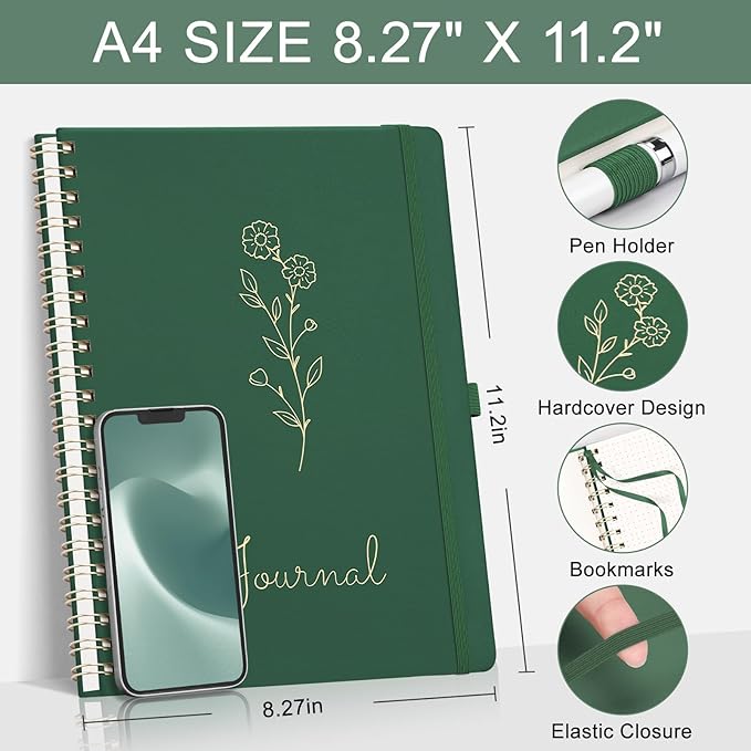 EMSHOI Bullet Dotted Journal - Dot Grid Spiral Notebook 8.5" x 11", A4 Large Dotted Notebook, 100 GSM Thick Paper, PU Leather Hardcover Journals for Bullet Journaling, Sketching, Dark Green
