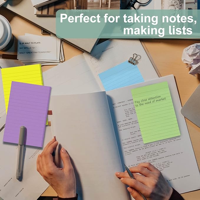 24 Pack Lined Sticky Notes 4X6 in Self Sticky Note Pads Colorful Post Stickies for Office, Home, School, Meeting, 50 Sheets/pad, (Light Color)