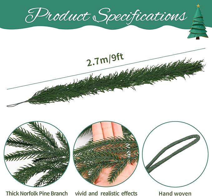 2-Pack Christmas Norfolk Pine Garland, 9ft Real Touch Garland,Artificial Winter Green Realistic Greenery Garlands for Mantle, Table, Wall, Indoor, Outdoor Xmas Decorations