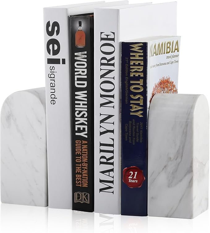 Koville Luxury Greek Marble Bookends for Shelves, Decorative Book Ends, 7lbs Heavy-Duty Marble Book Holders, Bookshelf Apartment Decor for Normal Books/CD/Video Games(Volakas)