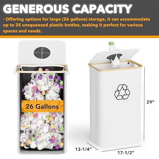 SpaceAid Recycling Bin for Kitchen 26 Gallon, 100L Recycle Bin with Lid and 2 Reusable Inner Bags, for Bottle Can Glass Plastic Stickers, White