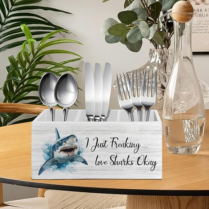 Coastal Beach Shark Pen Pencil Holder Organizer for Desk Accessories, I Just Freaking Love Sharks Okay Wooden Box Sign Desk Decor for Home Office Decoration, Gifts for Shark Lovers