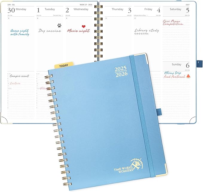 POPRUN Academic Planner 2025-2026 (July 2025-June 2026), Daily Weekly and Monthly Appointment Book (Wirebound Hard Cover - 10'' x 8'') with Hourly Time Slots, Tabs, 100 GSM - Haze Blue
