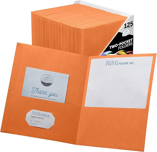 FILE-EZ Two-Pocket Folders, Orange, 125-Pack, Textured Paper, Letter Size (EZ-32465)