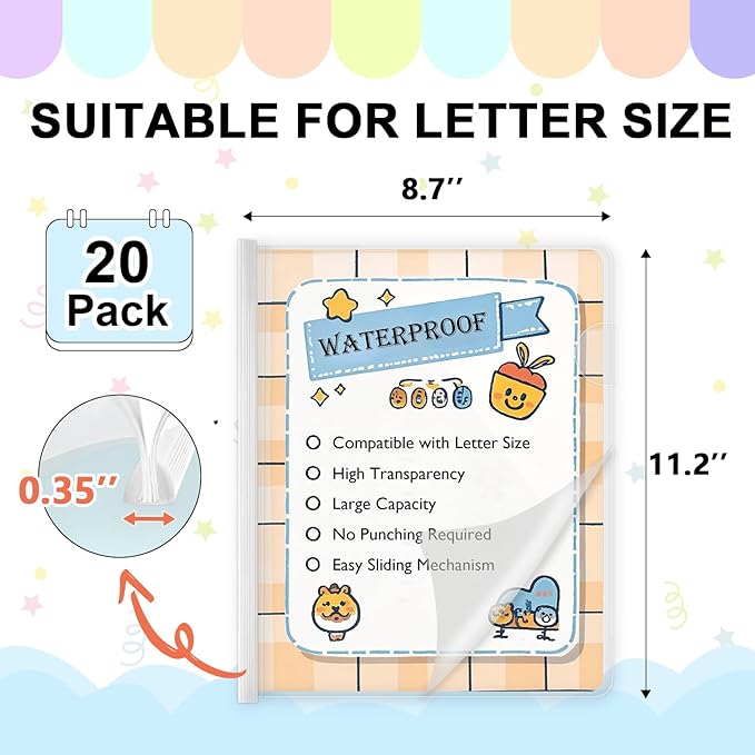 TOTiyea 20 Pack Clear Report Covers with Sliding Bars, 9mm (70 Sheet Capacity) White Sliding Bar File Folders, for Letter Size