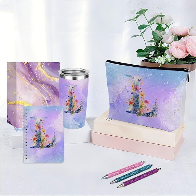 Personalized Gifts Monogrammed Birthday Gifts for Women, Mama New Mom Thanksgiving Wedding Christmas Initial 20 oz Tumbler, Makeup Bag Cup Pens Journal Notebook 6 Set, (Aesthetic Purple Flower L)