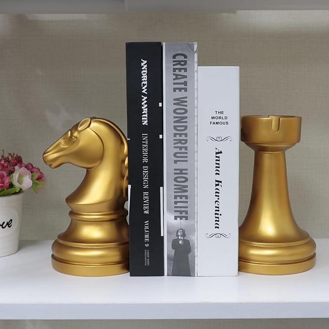 Chess Bookends, Office Decorative Bookends for Shelves, Heavy Bookends Book Stoppers Book Holders for Desk Decoration, 7x7x4 inches, Black,1Pair/2Piece