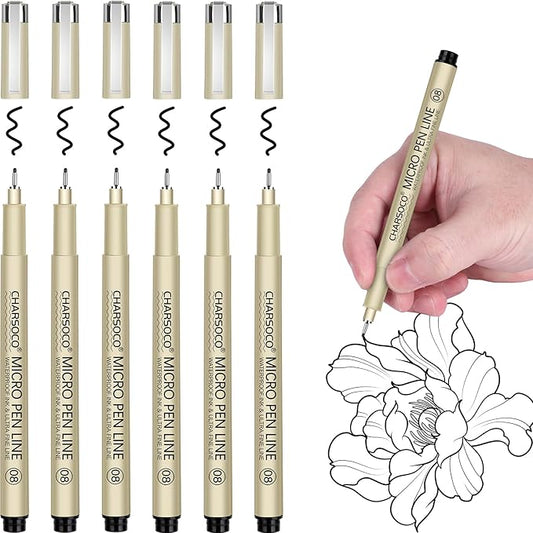 08 Micro Pen, 6 Pack Black Fine Point Pen with Waterproof Archival Ink, 0.52mm Fineliner Ink Pens for Artist Illustration, Sketching, Anime, Manga, Technical Drawing and Scrapbooking