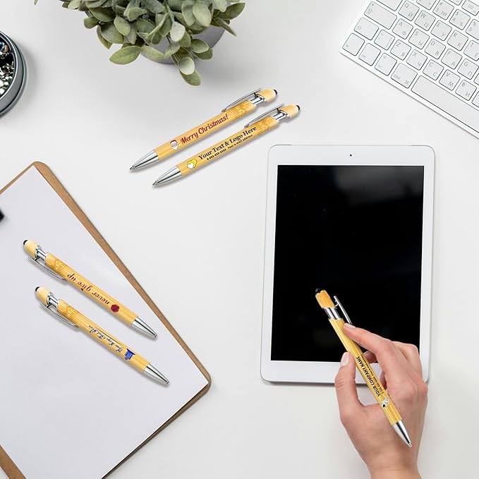 Personalized Pen Customizable Bamboo Pen with Stylus -Custom Text Logo Name Ballpoint Pens with Black Ink-Personalized Gift Ideas for School Office Business Home(50 Count/Pack)