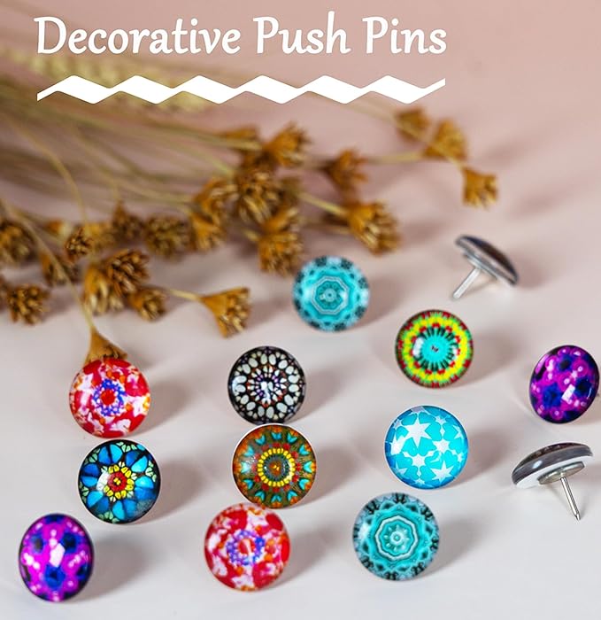 24Pcs Mandala Push Pins,Thumb Tacks for Bulletin Board,Decorative Pins Push, Cork Board Thumbtacks,Photos Wall Maps,Cute Thumbtack for Desk Accessories,Classroom,Home and Office Decor(Mandala)