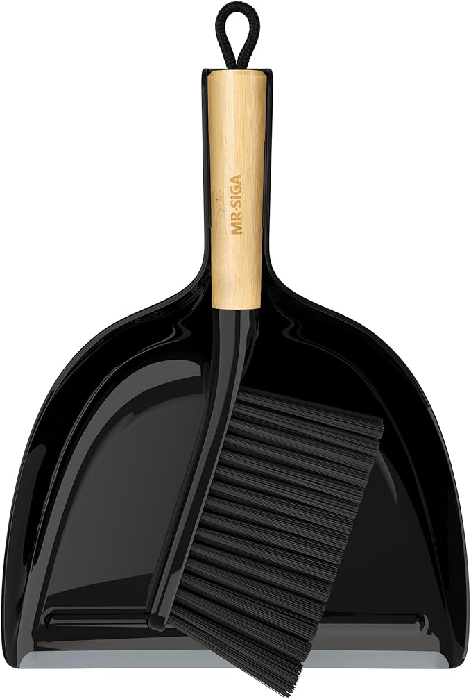 MR.SIGA Dustpan and Brush Set, Portable Cleaning Brush and Dustpan Combo with Bamboo Handle, Black, 1 Set