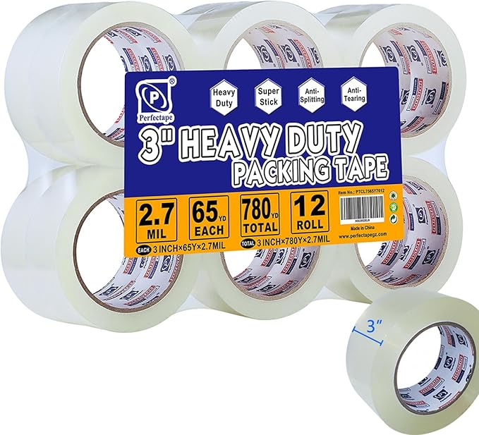 PERFECTAPE 3" Heavy Duty Packing Tape 12 Rolls, Total 780Y, Clear, 2.7 mil, 3 inch x 65 Yards, Ultra Strong, Refill for Packaging and Shipping(3" Width, not 2" Width)