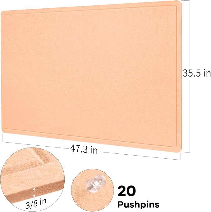 Large Bulletin Board - 48 x 36 Inches, Decorative Felt Pin Board for Wall - 4' x 3' Foldable Photo Display Board with Self-Adhesive Tape, Includes 20 Push Pins - Melon
