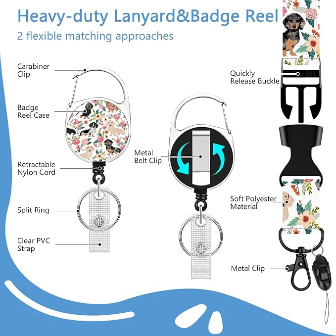 Floral Dogs Lanyard with Id Holder, Cute ID Badge Holder with Retractable Lanyard, ID Holder with Badge Reel Clips, Animal Keychain Name Tag ID Card Holder Teacher Women Doctor Office Gift