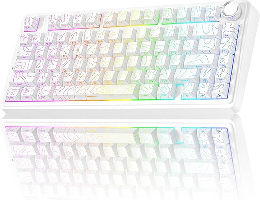 AULA F75 Pro Wireless Mechanical Keyboard with Knob,75% Hot Swappable Custom Gaming Keyboards,RGB Backlit,Pre-lubed Switches,Side Printed PBT Keycaps Creamy Sounding Computer Keyboard, Line White