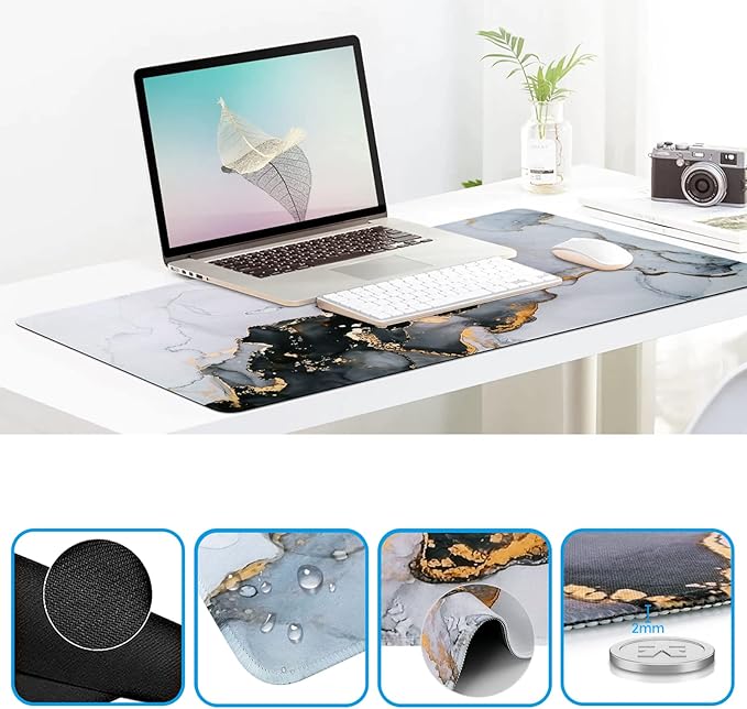 iCasso Desk Mat, Gaming Mouse Pad Wrist Support Set,4in1 XXL Large Mousepad + Keyboard Wrist Rest+Mouse Wrist Rest+Coaster Set with Ergonomic Design for Home Office Table Computer-Grey Ink Marble