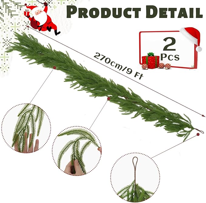 2 Pcs 9FT Christmas Garland, Christmas Decorations, Artificial Norfolk Pine Garland, Faux Greenery Garland for Mantle Fireplace Table Door Wall Upstairs Indoor Outdoor Holiday Xmas Decor