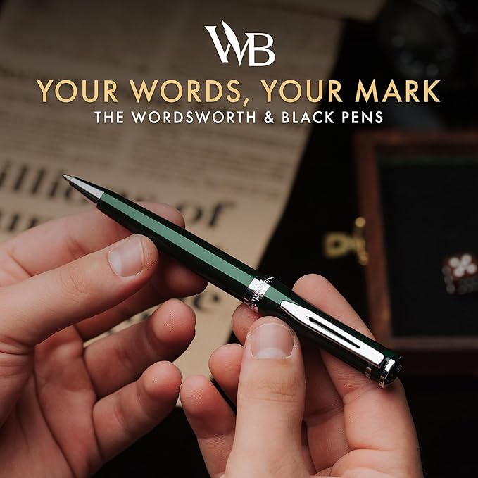 Wordsworth and Black Ballpoint Pen Green Lacquer- Stunning Luxury Pen Chrome Finish, Ink Refill, Best Gift Set for Men & Women, Refillable, Elegant, Nice Pens, Fine Point