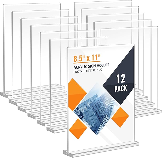 Acrylic Sign Holder 8.5 x 11, Double Sided Sign Holder Stand, Plastic 12 Pack Table Paper Stand, Vertical Menu Flyer Stand, T Shape Table Flyer Holder