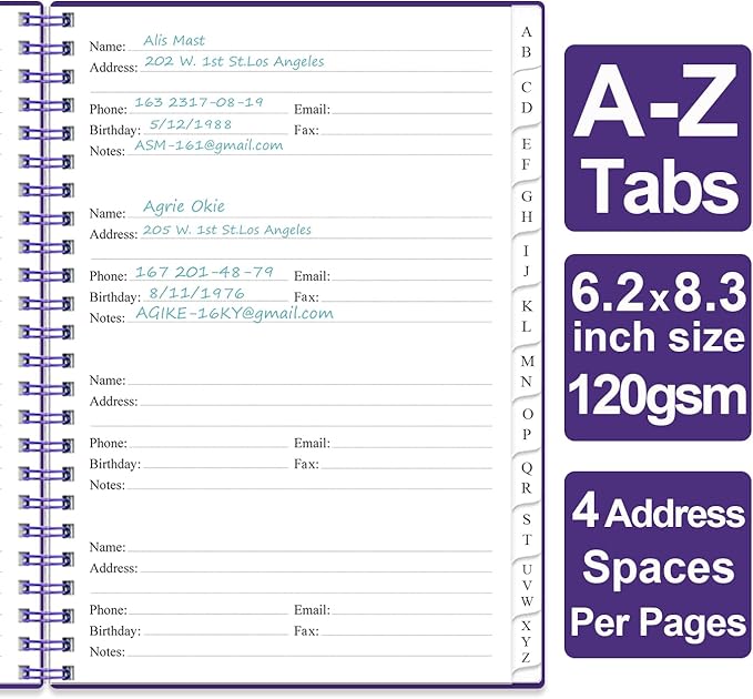 Address Book with Alphabetical Tabs - A5 Telephone & Address Book with Address Contacts, Special Date, Phone, Birthday & Internet Login Password for Home and Office, 6.2" x 8.5", Purple