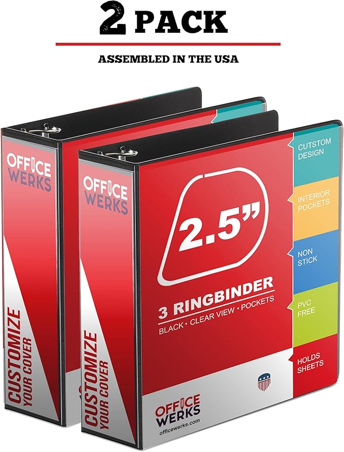 Performore Premium 3 Ring Binder, Professional Angle D Ring 2.5 Inch, Presentation Folder for Standard Pages 8.5 x 11 with Pockets, Crystal Clear View Black (2 Pack)