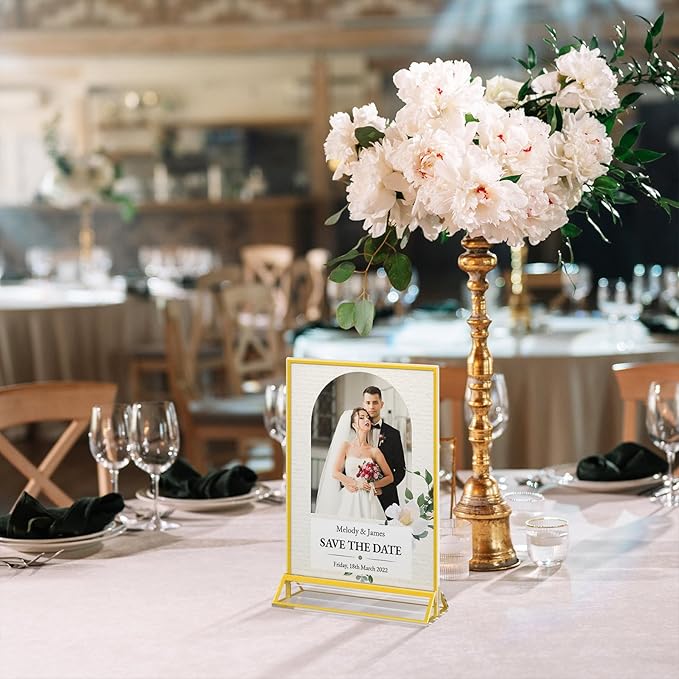 5 x 7 Acrylic Sign Holders - Double Sided Gold Picture Frames - Tabletop Display Menu Stands - Clear Plastic T Shape Vertical Paper Holders - 12 Pack