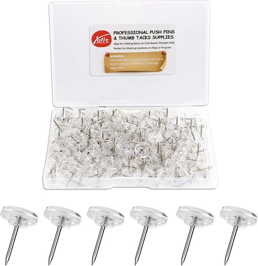 Push Pins 200-count Flat Clear Thumb Tacks Steel Point and Plastic Head for Corkboard and Wooden Photo Wall