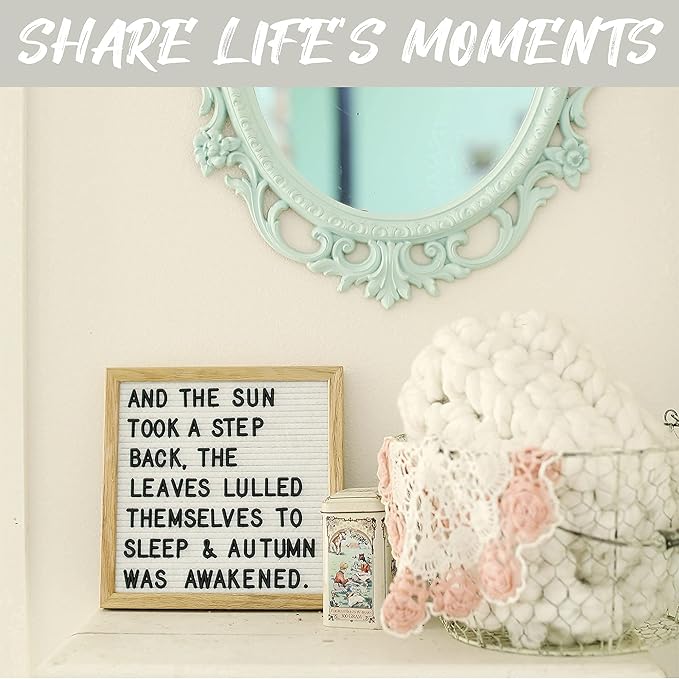 Felt Like Sharing Square Letter Board (White Felt - 10”x10”) – Changeable Message Board with 3 Sets of Felt Board Letters – Statement Wall Sign for Quotes, Home or Holiday Decor In Oak Frame