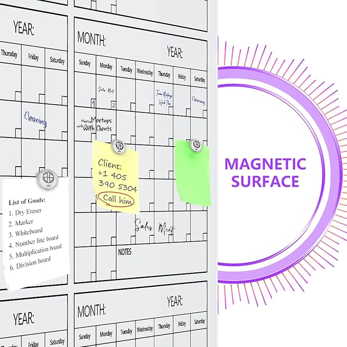 J&J worldwide Magnetic Whiteboard Calendar Glass Board Yearly Calendar - 35" X 47" Large Wall Calendar - White Board Dry Erase Planner for Wall Home, School, Office