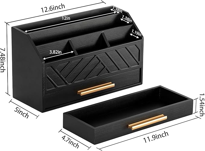 Black Wood Desk Organizer and Accessories with Drawer, Bill Mail Organizer and File Mail Holder for Office Supplies, Modern Desk Accessories & Workspace Organizers for Desk Organization