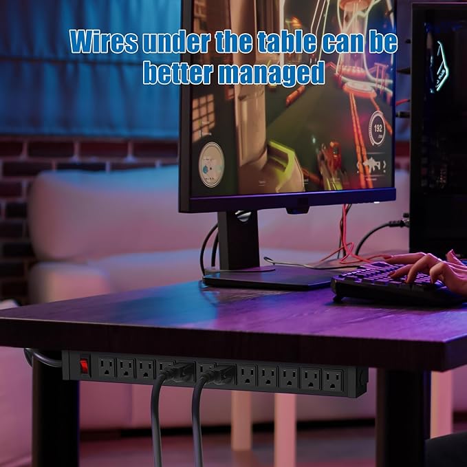 HHSOET Rotating Mountable Power Strip, 12 Outlet Wall Mount Surge Protector, Metal Heavy Duty and Versatile Outlet Strip, Stylish Appearance, Sturdy and Durable, 3ft Power Cord.(Black)