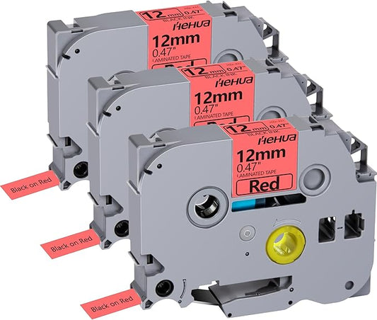 Hehua Tape Tze Tz 12mm 0.47 Laminated Red Compatible for Brother P-Touch TZe-431 TZe431 TZ-431 TZ431 Tape for Ptouch PT D210 D200 D220 D610 H110, 1/2'' x 26.2ft Black on Red, 3 Pack