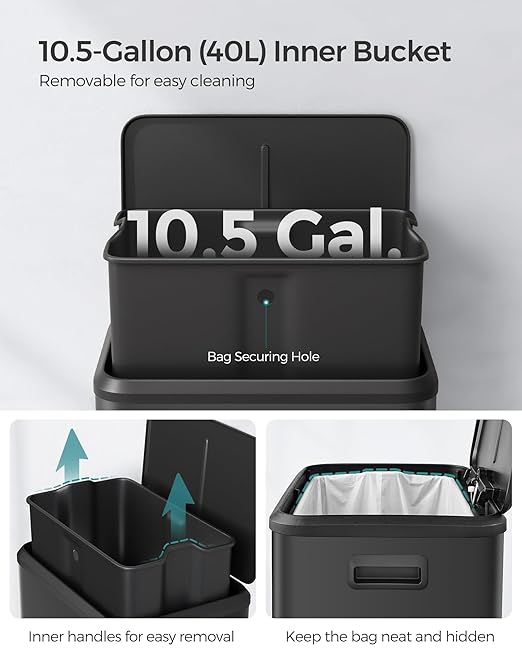 SONGMICS Kitchen Trash Can, 10.5-Gallon (40L) Garbage Can with Lid and Wide Foot Pedal, Soft Close and Stays Open, Black ULTB541B40